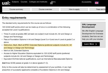 UAL对BTEC学位要求